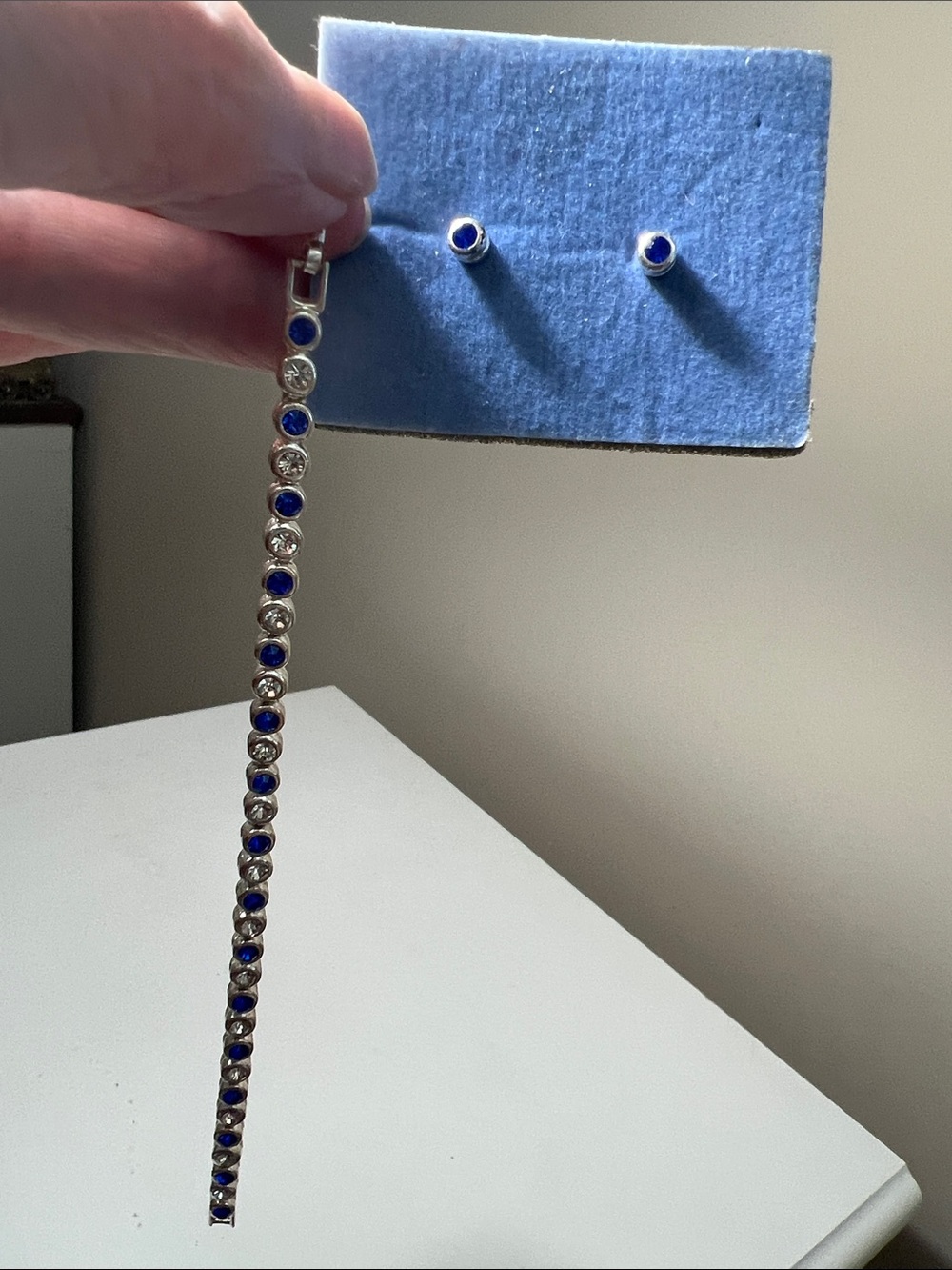 Silver Tone Tennis Bracelet and Stud Earrings Set with Blue Stones - Vintage